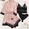 Pijamas transfronteiriços femininos de verão coloridos plus size europeus e americanos pijamas sexy com alças finas renda conjunto de quatro peças atacado