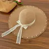 Sombrero de Paja con Cordones de Encaje Perlado para Mujer, Sombrero de Sol de Ala Ancha para Vacaciones en la Playa de Verano, Sombrero de Protección Solar con Ala Ancha