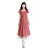 Vestido rojo a cuadros de estilo francés con cuello cuadrado para mujer, vestido largo vintage de verano para mujeres petite