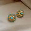 Brincos Artísticos Retro de Turquesa Sintética Flor Zircônia Microcravejada Stud Earrings para Mulheres Brincos de Estilo Vintage de Alta Qualidade