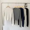 Suéter Básico de Malha Trançada de Manga Longa com Gola Redonda de Cor Sólida para Mulheres Outono Inverno Versátil Curto Cropped Cintura Marcada Emagrecedor Roupa de Baixo Pulôver