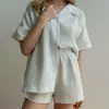 Conjunto de Pijama de Manga Corta y Shorts para Comercio Exterior Transfronterizo Estilo Europeo y Americano Verano 2025 Cárdigan de Rayas Verticales Pijama Ropa de Casa de Algodón Puro para Mujer