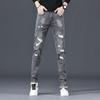 Calça Jeans Rasgada Masculina Slim-fit Skinny 2024 Nova Calça Masculina Stretch Cinza Fumaça Patch