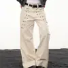 Jeans Rectos Lavados con Remaches Estilo Retro Americano para Mujer Otoño 2026 Nuevos Sueltos Adelgazantes Pantalones de Mezclilla Efecto Vintage Hombres