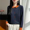 Cardigã de malha com gola polo color block estilo francês para mulheres, novo suéter casual espesso da moda e estiloso