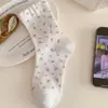 Meias de Renda Floral Estilo Coreano de Cano Médio para Mulheres, Meias de Algodão Respiráveis em Malha para Primavera e Verão, Meias Largas Doces e Meninas Estilo Ins