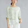 Top Minimalista de Seda de Morera 100% Jacquard Estilo Nacional Translúcido Difuminado con Mangas Murciélago de Media Manga para Mujer Verano