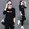 Conjunto de Sudadera con Cuello Redondo y Manga Larga, Estampado de Letras, Bloques de Color y Patchwork de Moda para Mujer, Primavera y Otoño, Tallas Grandes, Conjunto Casual Elegante de Dos Piezas