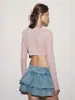 Cardigan de Tricô com Cadarço Bestseller Transfronteiriço Europeu e Americano para Mulheres, Top Curto Cropped Vazado com Babados, Manga Longa Emagrecedor Estilo Hot Girl