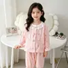 Conjunto Novo de Pijama Floral de Verão para Meninas, Calça de Manga Longa, Cardigã com Gola de Renda, Pijama, Respirável e Fofo, Estilo Princesa