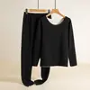 Conjunto de Roupa Íntima Térmica Feminina com Top de Manga Longa e Calça Grossos e Forrados com Fleece, Sem Costura, Verde Escuro e Preto, para o Inverno