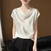 Top de Mujer con Cuello Drapeado Estilo Francés, de Manga Corta, Sedoso y Elegante, Nueva Camiseta de Manga Corta de Satén de Seda para Mujer Primavera/Verano 2026