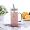 Taza de Agua Ins de Vidrio con Pajilla para Mujer, Vaso de Vidrio Plano Resistente a Altas Temperaturas con Asa, Cuadrado para el Hogar de Alto Borosilicato