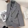 Blazer de patrón espiga gris para mujer, nuevo estilo otoño e invierno 2026, petite vintage casual para ir al trabajo