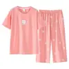 Explosões transfronteiriças pijamas femininos verão manga curta cropped calça plus size estilo literário xadrez conjunto roupas de casa em estoque atacado