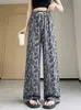 Pantalones de pierna ancha mujer verano cintura alta estampado drapeado holgados adelgazantes casual largos mujer versátiles largo hasta el suelo pantalones de seda helada mujer