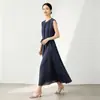 Vestido de Crepé de Seda con Cuello Redondo y Mangas Anchas para Mujer Verano Nuevo Estilo Cintura Adelgazante Vestido Chaleco con Estampado de Mezclilla Azul
