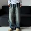 Jeans retrô americano com lavagem e aspecto desgastado, padrão favo de mel e bigode de gato, para homens, corte cleanfit casual solto reto perna larga calça comprida