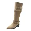 Botas de Cano Alto Femininas Outono 2026 Couro Camurça Fosco Fivela Salto Bloco Bico Fino Botas Western Cowboy Planas