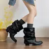 Botas de Punta Acampanadas con Volantes Apilados Botines Vaqueros Occidentales para Mujer Verano 2026 Nuevas Botas de Montar de Tacón Grueso Adelgazantes