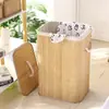 Novo Balde de Armazenamento Simples Dobrável com Tampa Cesta de Armazenamento Grande Tecida em Bambu Estilo Japonês Caixa de Armazenamento Dobrável para Roupas Sujas