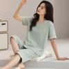 Pijama de Estilo Nuevo para Mujer Verano Manga Corta Pantalones Capri Algodón Ropa de Exterior Casual Suelto Talla Grande Dibujos Animados Traje de Ropa para el Hogar
