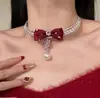 Colar com Pingente Vermelho Sangue de Pombo Estilo Palácio Retrô para Mulheres, Acessórios de Noite de Luxo Leve, Corrente de Pescoço para Vestido de Noiva, Corrente para Clavícula