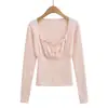 Camiseta cuadrada vintage de manga larga con pliegues estilo francés para mujer, ligera y transpirable, entallada a la cintura, corte slim, top básico puro y seductor