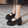 Salto Alto com Fivela Feminino Laço Mary Jane Sapatos de Cabeça Grande Bico Redondo Sapatos de Boneca Casa e Roupa Moda Feminina Sapatos de Camada Única