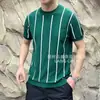 Camiseta de Punto de Manga Corta para Hombre, Seda de Hielo, Textura de Raya Vertical de Verano, Corte Ajustado, Estilo Old Money, Negocios, Venta al por Mayor de Fábrica Transfronteriza