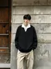 Sudadera con Capucha de Dos Piezas Falsas con Patrón de Espiga de Trigo para Hombre Otoño Cleanfit Patchwork Cuello Solapa Alta Inteligencia Pareja Manga Larga