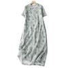 Foto Real de Cheongsam de Verano Nuevo de Algodón y Lino de Manga Corta para Mujer, Diseño Retro Falda Línea A, Elegante Vestido Midi para Mujer