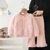 Conjunto de Suéter para Meninas Outono e Inverno Novo Estilo Coreano Menina Bebê Cor Sólida Cardigan Peludo com Contas Calça Tricotada Conjunto de Duas Peças