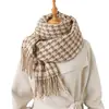 Lenço de Pescoço Longo Quente de Outono e Inverno com Estampa Pied-de-poule para Mulheres Versátil para o Dia a Dia Lenço de Faux Cashmere com Franjas