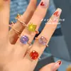 Anillo de Azúcar Cuadrado Pequeño de Corte Flor de Hielo de Alta Gama Anillo de Diamante Caramelo Morado de Alto Carbono Oro Rosa para Mujer