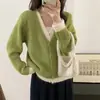 Moda feminina transfronteiriça: um look de duas peças com cardigã de malha com decote V em blocos de cor, um novo suéter estilo coreano para mulheres, perfeito para outono e inverno