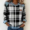2025 Amazon Cross-Border Nova Moletom Feminino Redondo Solto Patchwork Xadrez Jeans Loja de Fábrica Fonte