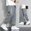 Calça esportiva casual estilosa de seda gelada de perna reta solta de perna larga cropped da moda para o verão, transfronteiriça masculina