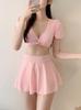 Diosa Rosa Falda de Capullo de Flor Fresca Traje de Baño de Dos Piezas Bikini de Deseo Puro de Manga Abullonada con Escote Profundo en V para Mujer