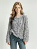 Blusas Tricotadas com Lantejoulas de Pelúcia Resistentes para Outono e Inverno, Estilo Solto e Preguiçoso, Gola Redonda, Mangas Longas, Atacado de Fábrica