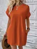 Amazon 2024 Nuevo Vestido Casual de Color Sólido con Cuello Redondo y Manga Murciélago con Bolsillo Invisible Europeo y Americano