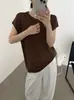 26 Outono Novo Estilo Blusa Estilo Coreano Fio de Papel Laqueado Gola Redonda Manga Curta Malha para Mulheres, Elegante Versátil para Trabalho Casual Camiseta