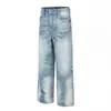 Pantalones de Mezclilla Lavados con Degradado para Hombre, Estilo Callejero Vintage Borde Deshilachado Estilo Americano Desgastados Pierna Ancha Sueltos Rectos