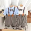 Direto da fábrica novo suspensórios gravata borboleta infantil pequeno conjunto de duas peças cavalheiro coreano xadrez príncipe camisa branca geração cabelo