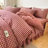 Faldón de cama de algodón puro de verano, pieza única, ocultando la base, sábana de cama de algodón lavado 100% con faldón, cubierta de cama a prueba de polvo, estilo faldón de cama