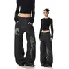 Jeans Originales de Color Rojo con Estampado de Bordado de Caballo Estilo Retro Americano para Hombres y Mujeres Corte Limpio Holgado Casual Rectos Pierna Ancha