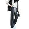 Calça de lã cor de damasco para mulheres, novo estilo inverno 2026, fina, cintura alta, com caimento, para baixinhas, corte justo, casual, calça de perna larga com curva