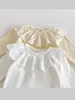 Camiseta Base para Niñas Primavera/Verano, Top de Manga Larga con Cuello Bordado de Encaje para Niños, Camiseta Casual de Color Sólido para Bebé