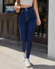 Jeans Ajustados Azules Oscuros de Cintura Alta Europeos con Botones Elásticos Trasero de Durazno Pantalones Largos de Mujer Estilo Chica Caliente Americana