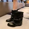 Versión de cuero suave~Botines cortos de punta con tachuelas estilo coreano para mujer, botas de tacón de bloque con hebilla de cinturón negra de verano, botas de caballero vintage, estilo western